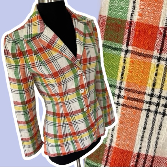 Vintage Jackets & Blazers - Vintage plaid blazer jacket multicolor fitted red orange green yellow